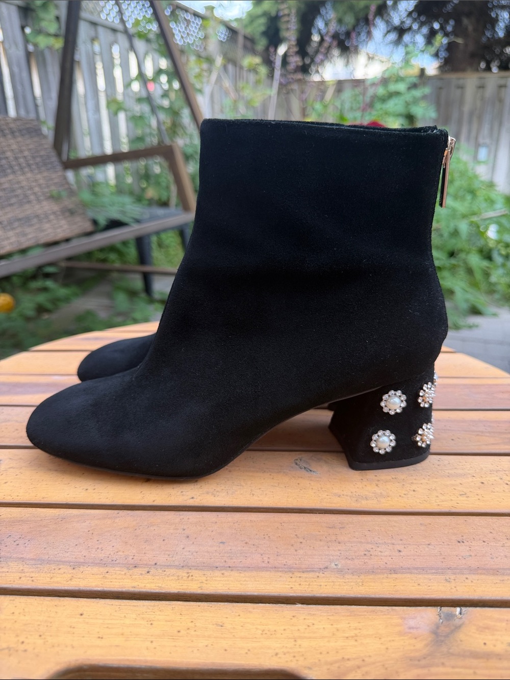 Black Suede Rhinestone Pearl Floral Embellished Heel Ankle Boots Size 8.5